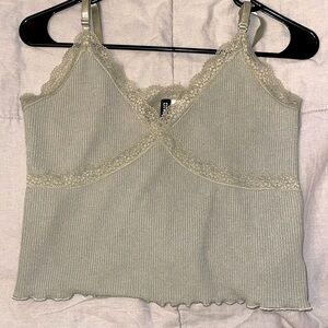 H&M Lace Trimmed Ribbed Top in Light Khaki Green